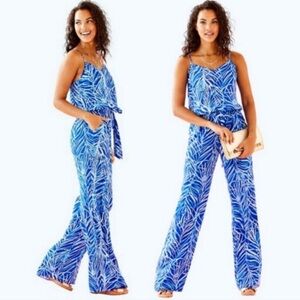 Lilly Pulitzer Blue Tropical Print Jumpsuit with Wide-Leg Pants